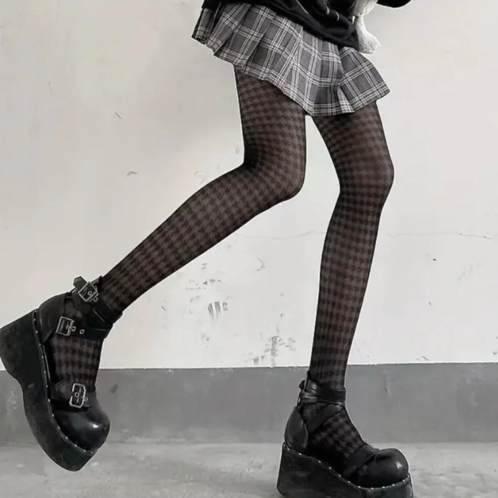 Houndstooth Black Pantyhose, High Waist Elastic‎ Footed Pantyhose One Size